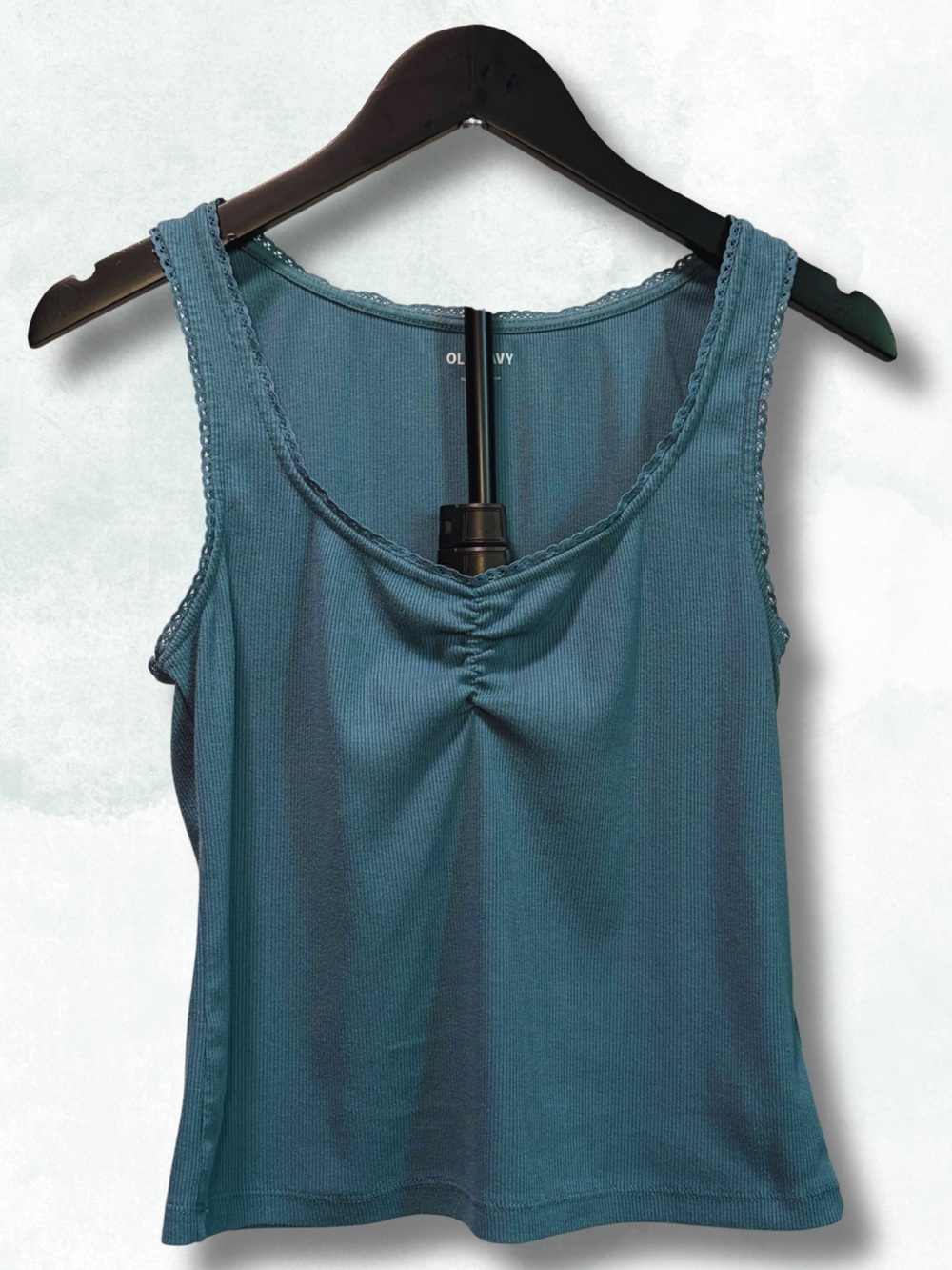 Old Navy Teal Ribbed Lace Trim Ruched V-Neck Sleeveless Tank Top Size M